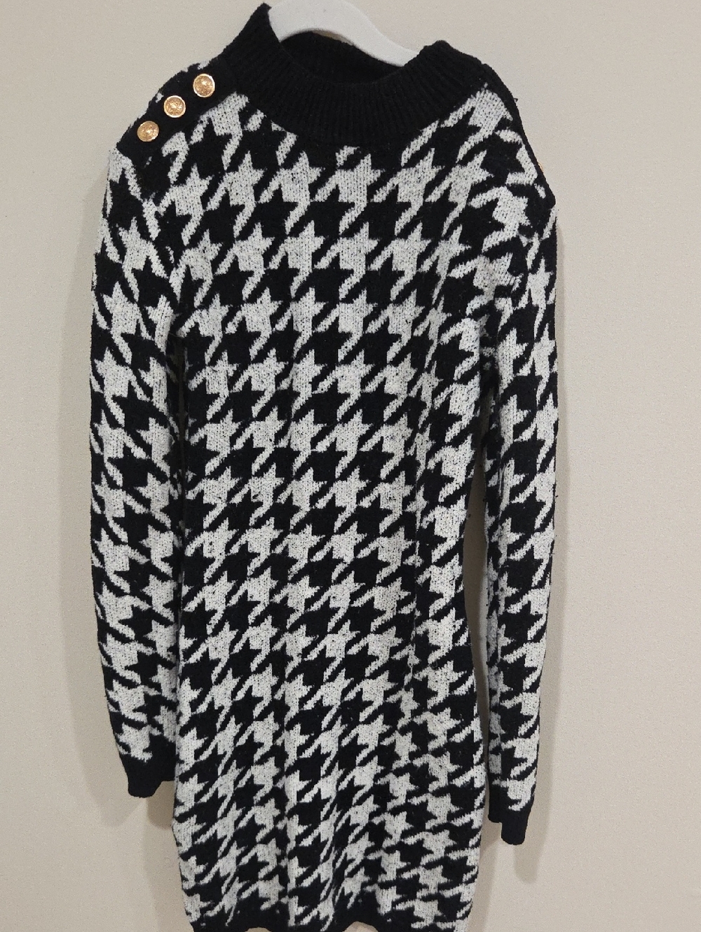 Black & White Houndstooth Sweater Dress with Gold Buttons